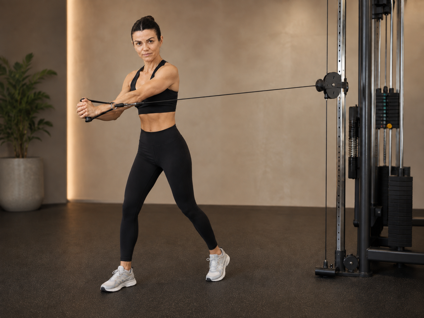 Ruth performing a standing cable exercise beside a cable machine in a warm studio.