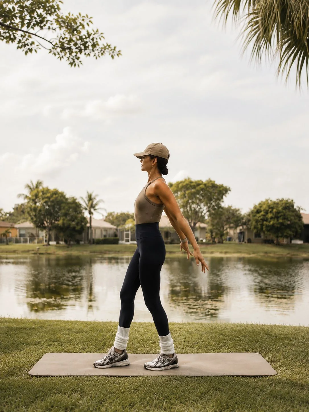 Ruth standing tall during an outdoor movement session beside a South Florida lake.